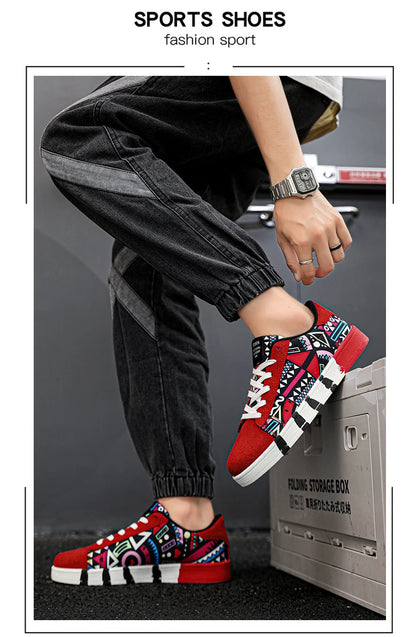YRZL Men's Sports Running Shoes Canvas Geometric Style Lace-Up Sneakers Couples' Fashionable Graffiti Print Skate Shoes