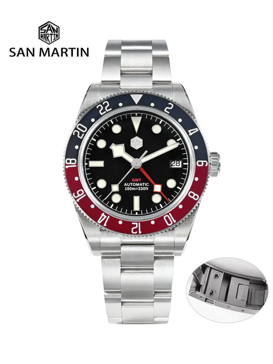 San Martin 39mm NH34 GMT Men's Luxury Watch Bidirectional Aluminum Bezel Automatic Mechanical Sapphire 100M Waterproof SN0109