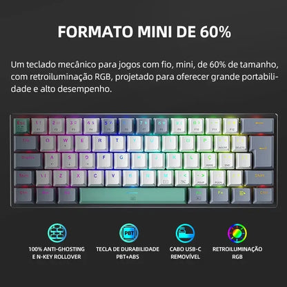 Teclado Mecânico Mini Machenike K500-B61 60% Layout ABNT2, Retroiluminação RGB, Hot-swappable, NKRO, Teclado Gaming com Fios para PC Gamer
