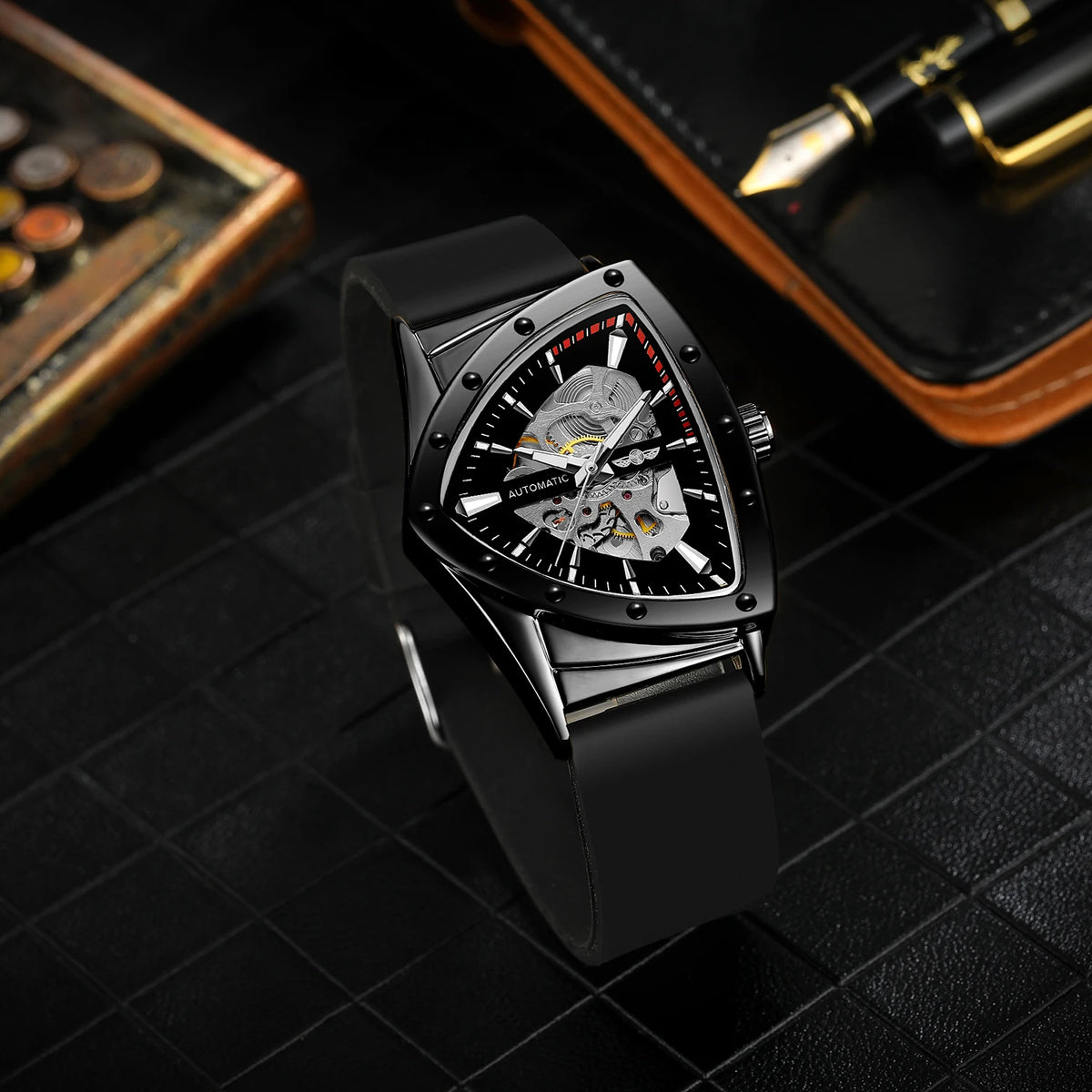 WINNER High Quality Watch for Men Triangle Steel Skeleton Mechanical Automatic Movement Clockwork Waterproof Rubber strap Wrist
