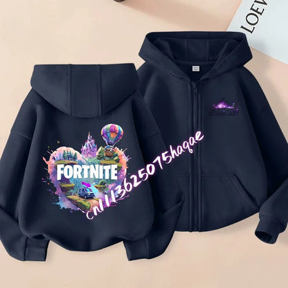 Casacos com capuz e fecho para criança Fortnites, sweatshirts Anime Fortress Night, sweatshirts gaming de primavera/outono, roupa desportiva infantil, presente