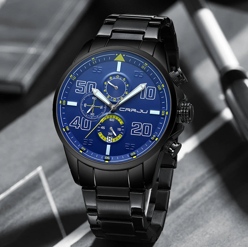 Montre pour homme CRRJU – Chronographe de luxe, grand cadran, acier inoxydable, étanche, avec affichage de la date