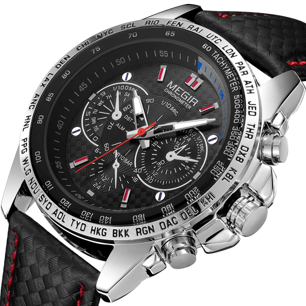 Montre-bracelet analogique à quartz pour homme MEGIR – Montre de luxe étanche avec bracelet en cuir, style décontracté, modèle 1010 (noir)