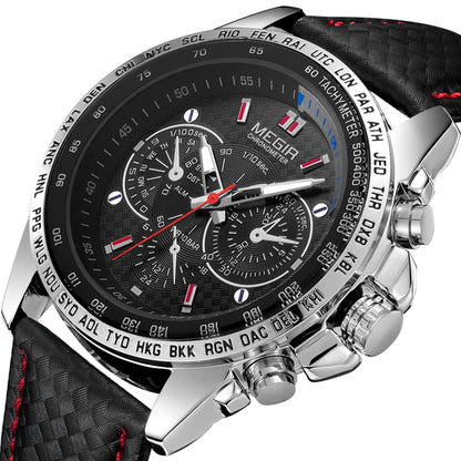 Montre-bracelet analogique à quartz pour homme MEGIR – Montre de luxe étanche avec bracelet en cuir, style décontracté, modèle 1010 (noir)