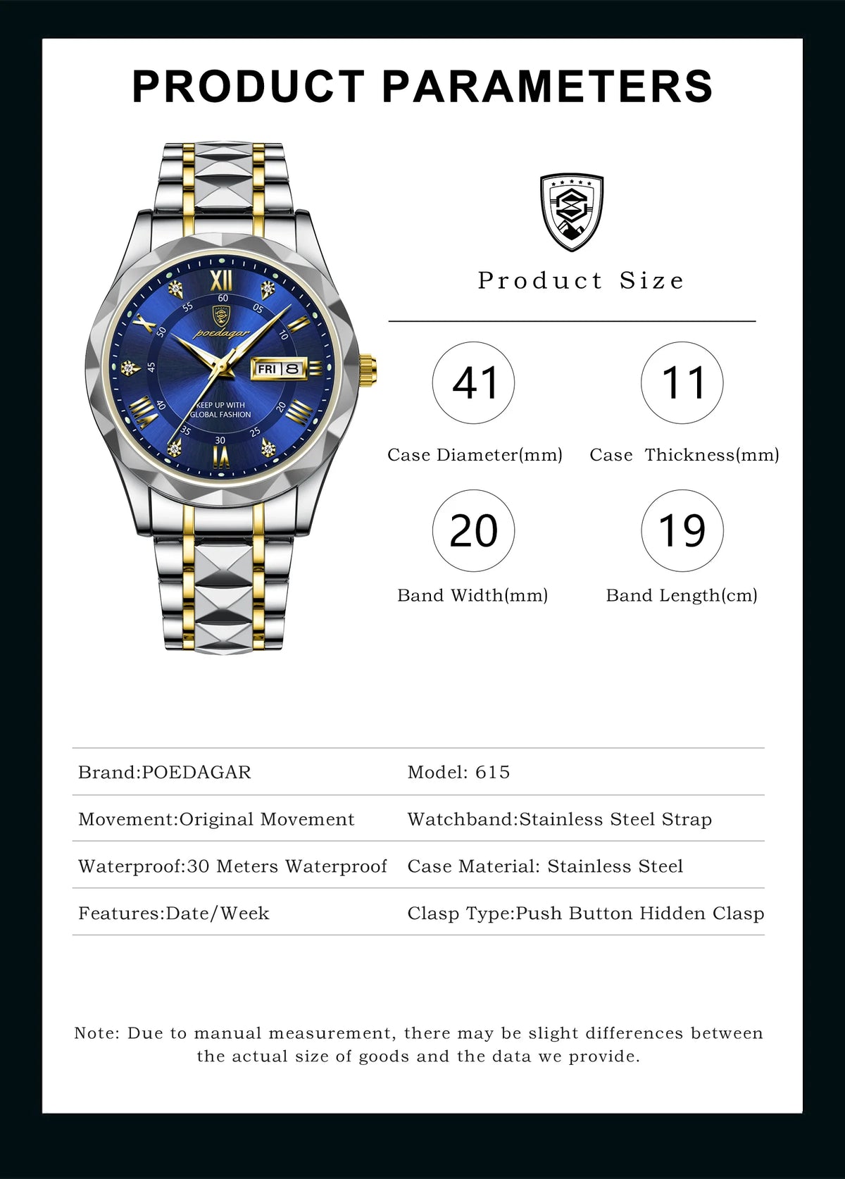 POEDAGAR Luxury Business Men's Watches Waterproof Stainless Steel Luminous Man Wristwatch Date Week Quartz Sport Men Watch Reloj