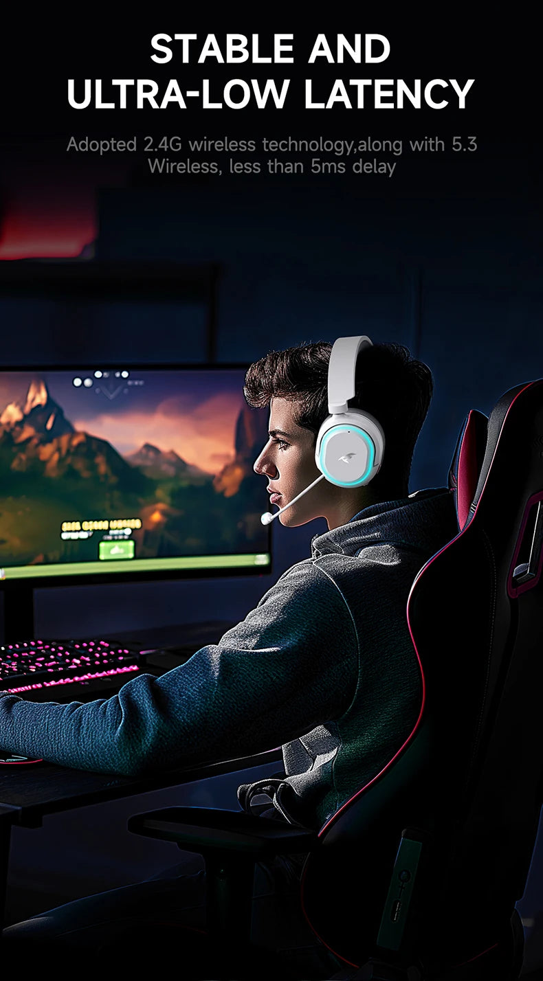 Auriculares gaming inalámbricos Picun G2 Bluetooth 5.3 – Sonido envolvente 7.1, auriculares gaming de baja latencia de 5ms con micrófono ENC para PC, PS5, PS4, Switch y móvil