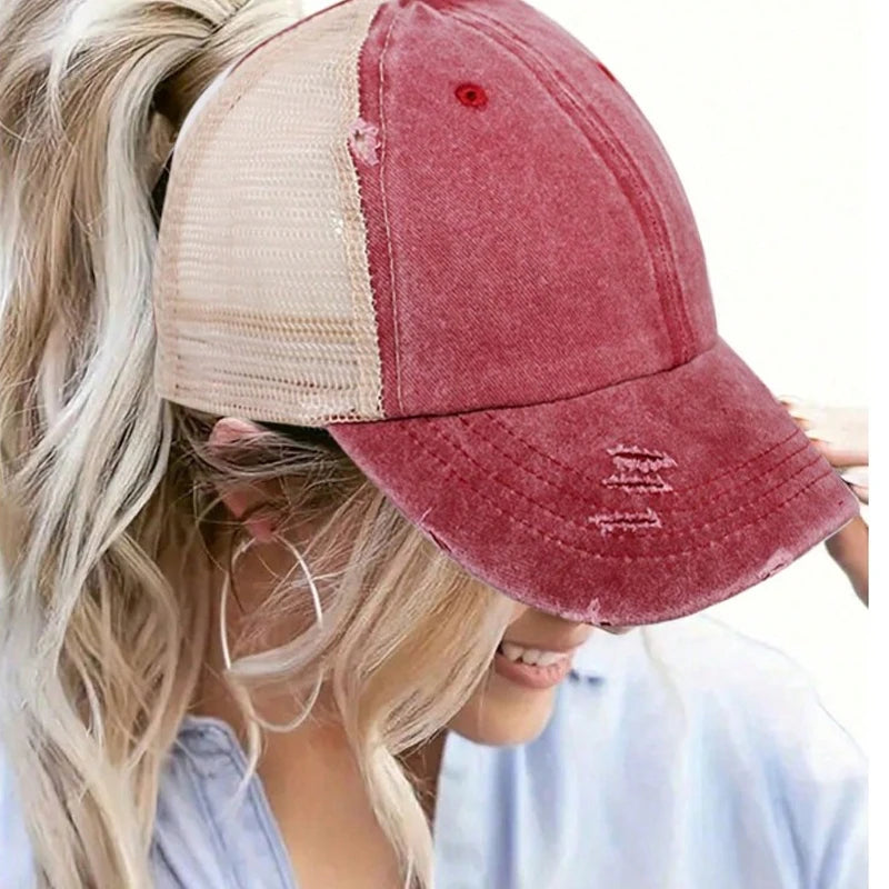 1 casquette de baseball vintage en maille « ponytail », casquette de camionneur ajustable, délavée et vieillie, offrant une protection solaire en extérieur, idéale pour le printemps et l'automne