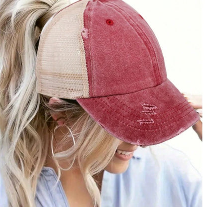 1 casquette de baseball vintage en maille « ponytail », casquette de camionneur ajustable, délavée et vieillie, offrant une protection solaire en extérieur, idéale pour le printemps et l'automne