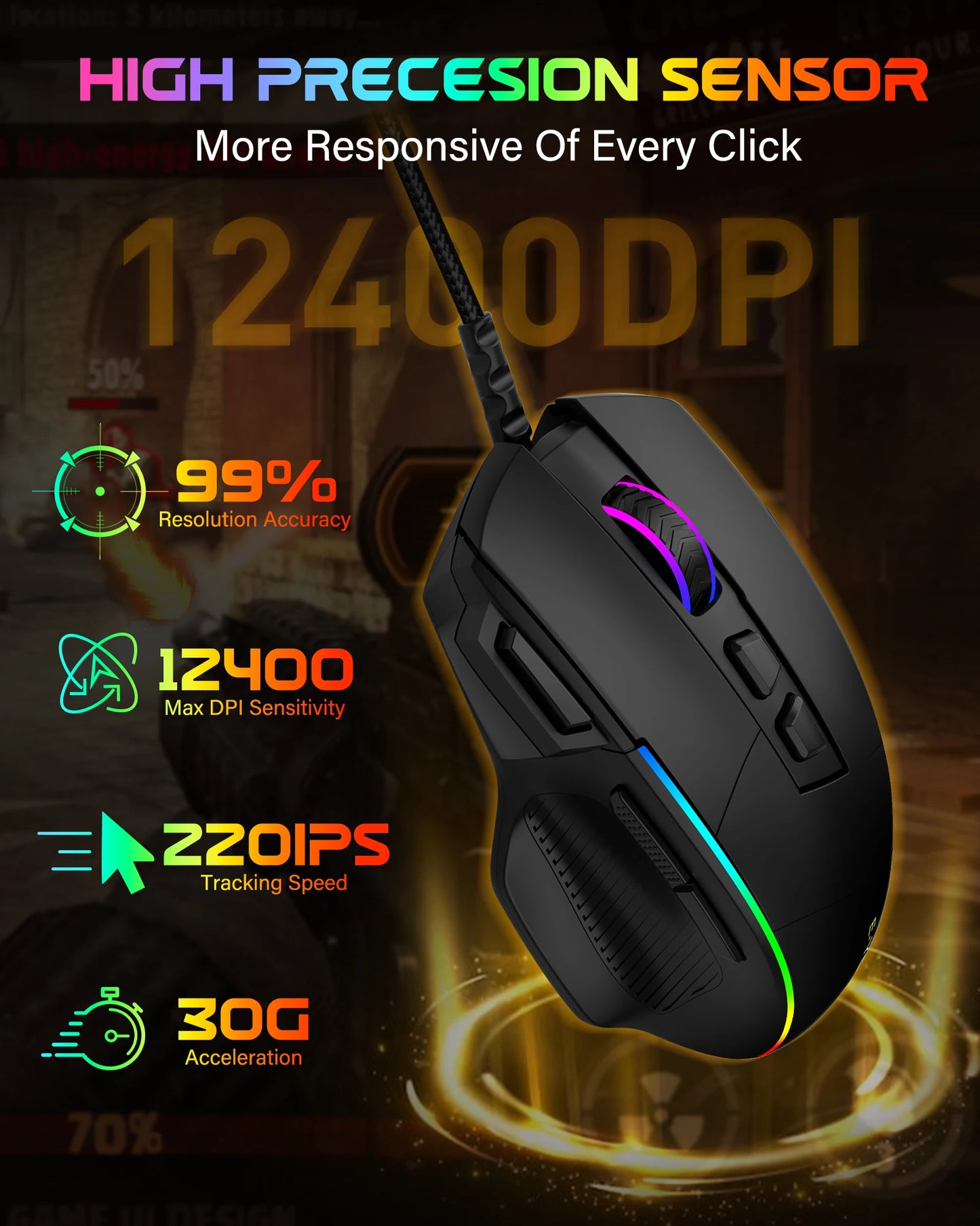 Mouse da gaming cablato E-YOOSO X49, 12400 DPI regolabili, retroilluminazione RGB, 8 pulsanti programmabili, mouse ergonomico per gamer per PC e laptop