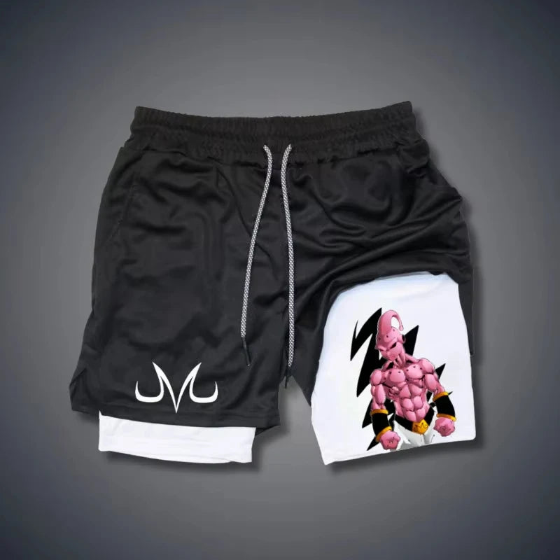2026 Summer Dragon Ball Z Majin Buu 2-in-1 Double Layer Gym Shorts, Oversized Men's Fitness Retro Streetwear Unisex Athletic Y2k