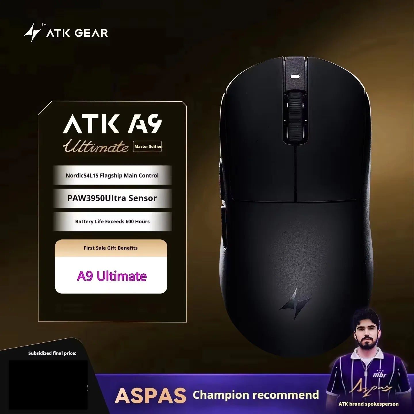 ATK A9 bezdrôtová herná myš s technológiou NearLink, ergonomická PAW3395, trojrežimová Bluetooth myš s nízkou latenciou pre e-šport a PC