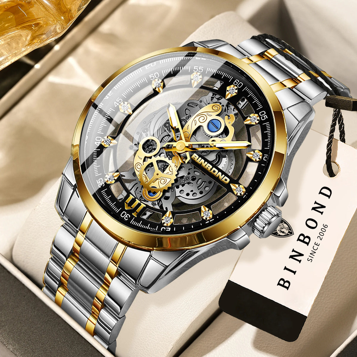 Montre-bracelet à quartz vintage ajourée BINBOND pour homme, lumineuse, étanche, précise et durable, style décontracté.