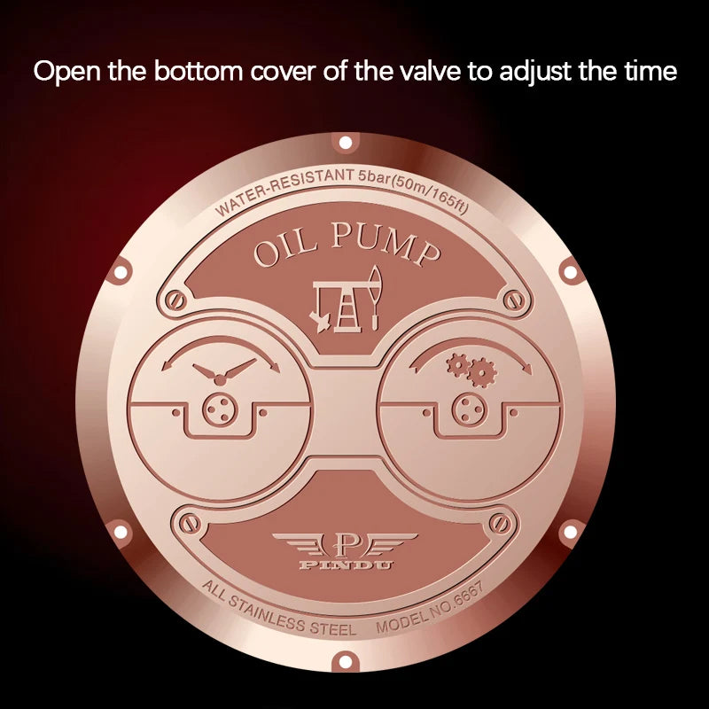 Reloj de cuarzo PINDU NEW TOP con bomba de aceite de botón para hombre de negocios, 45.5MM, cristal de zafiro, resistente al agua, correa de cuero para hombre