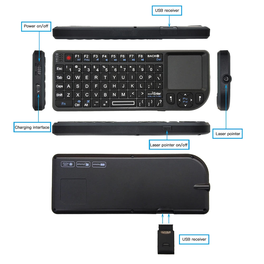 Teclado sem Fios A8 Mini 2.4G com Retroiluminação em 7 Cores, 3 em 1, Teclado Portátil com Touchpad e Air Mouse para Android TV Box, PC e Tablet