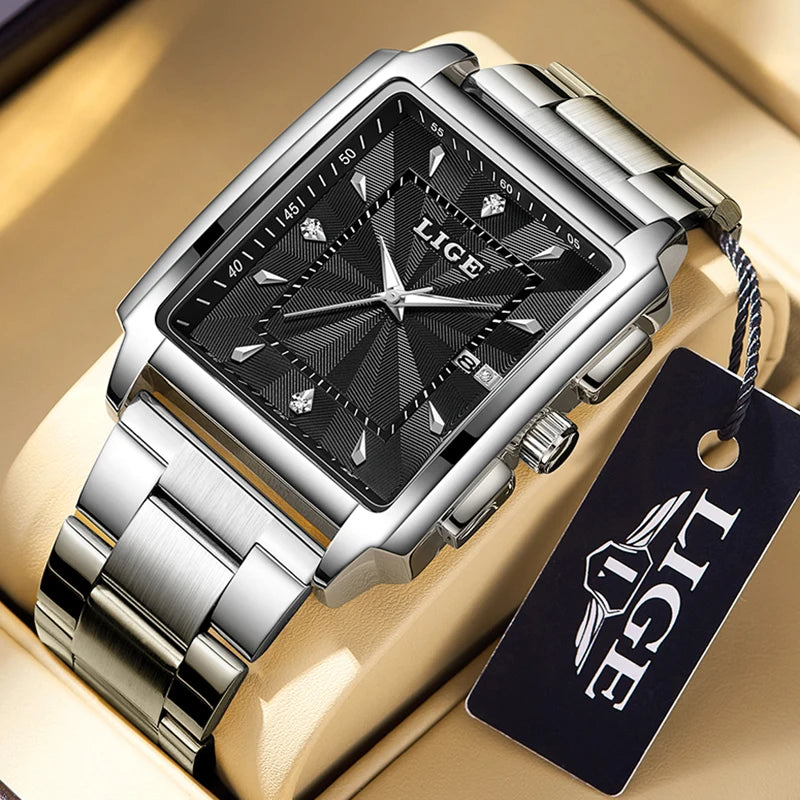 Reloj para hombre LIGE: estilo militar y moderno, caja cuadrada, cronógrafo de cuarzo, resistente al agua, marca de lujo