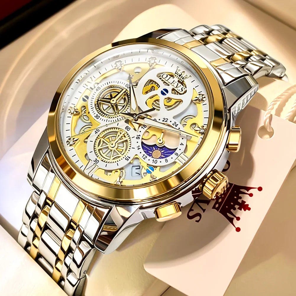 OLEVS men’s watch – Luxury model, water-resistant, quartz, skeletonised style, 24-hour display (day/night), gold colour