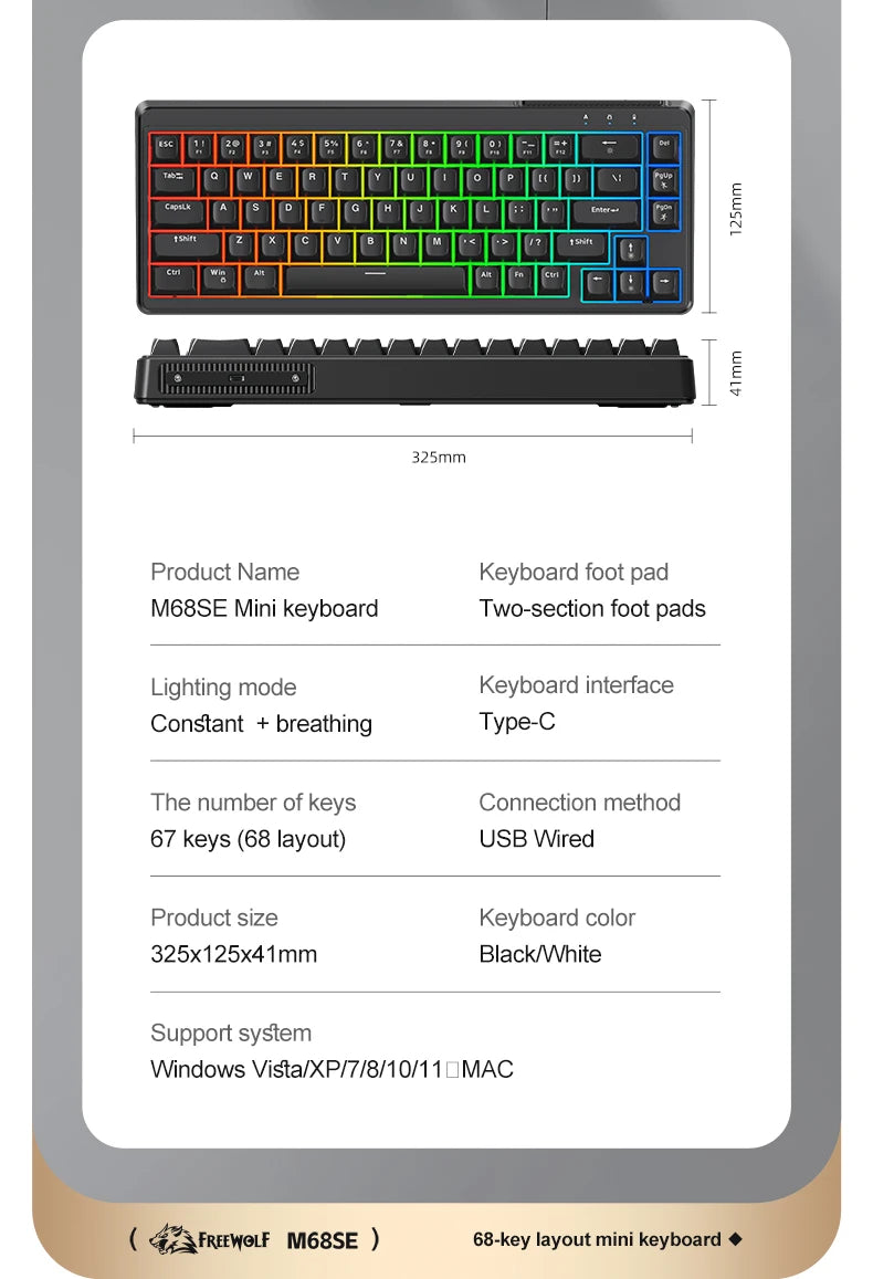 FREEWOLF M68SE Tastatur mit mechanischem Tippgefühl, 68 Tasten, Mini, kabelgebunden, kompakt und leise, für Laptops, Gaming und Bürogebrauch