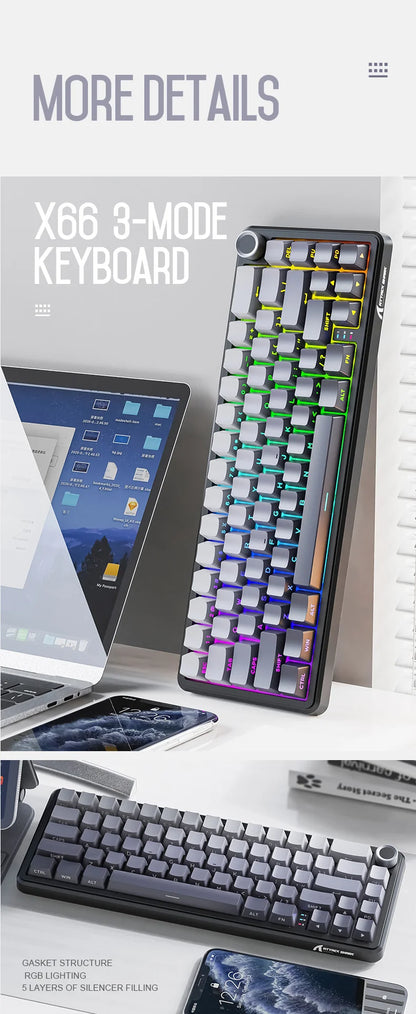 Attack Shark X66 Kabellose mechanische Tastatur 65% Kompaktlayout RGB-Hintergrundbeleuchtung Gasket Hot Swap Bluetooth USB-C PBT großer Akku