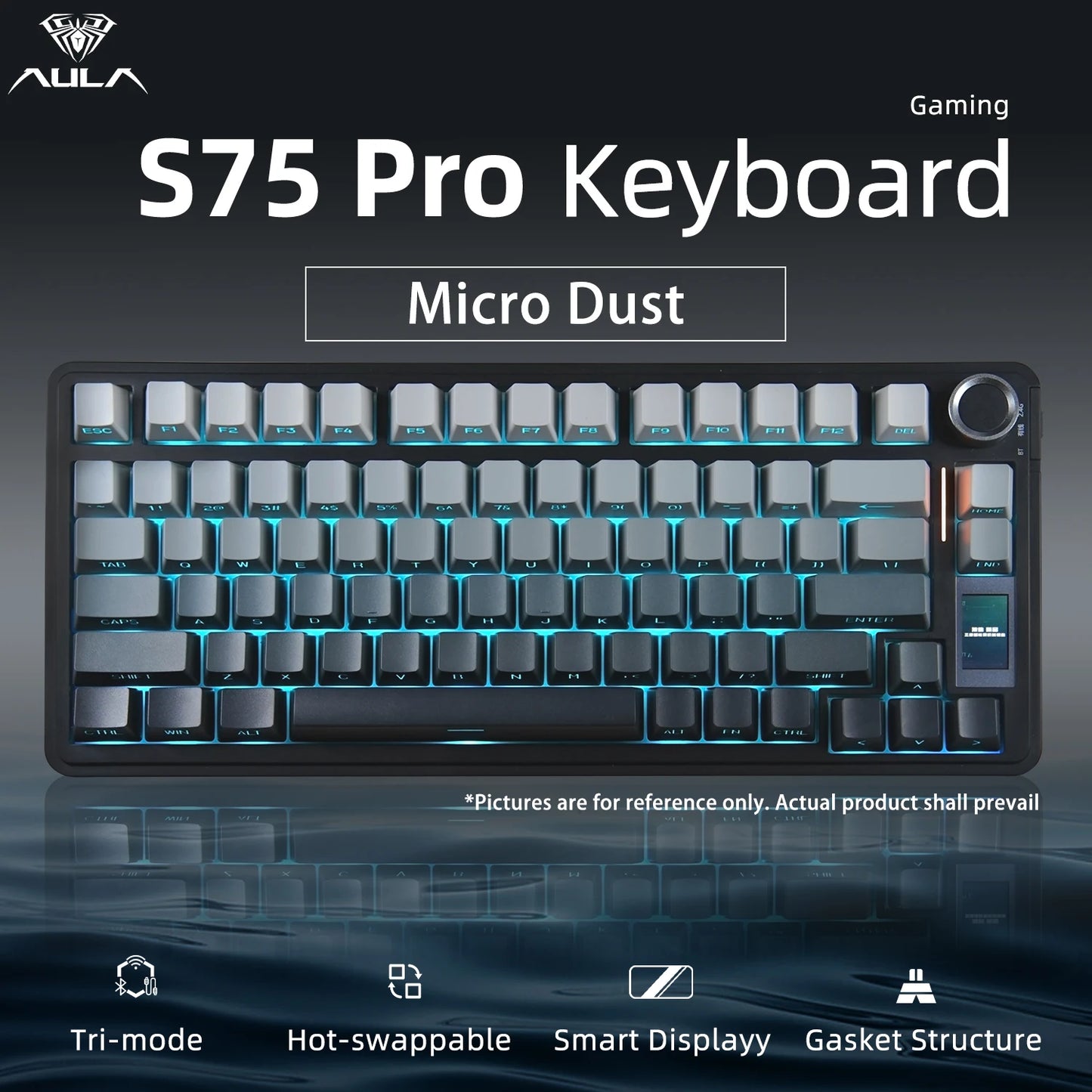 Tastiera meccanica AULA S75 PRO 75% layout personalizzato, retroilluminazione RGB, wireless Bluetooth, tastiera da gaming con schermo e manopola