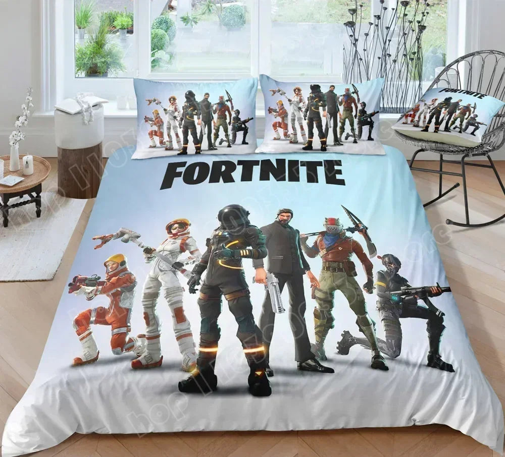 Fortnite-Bettwäsche-Set, Bettbezug, 3-teilig, 3D-bedruckte Schlafzimmer-Bettwäsche, Game-Anime-Cartoon-Kissenbezug, Zimmerdekoration, Geschenk