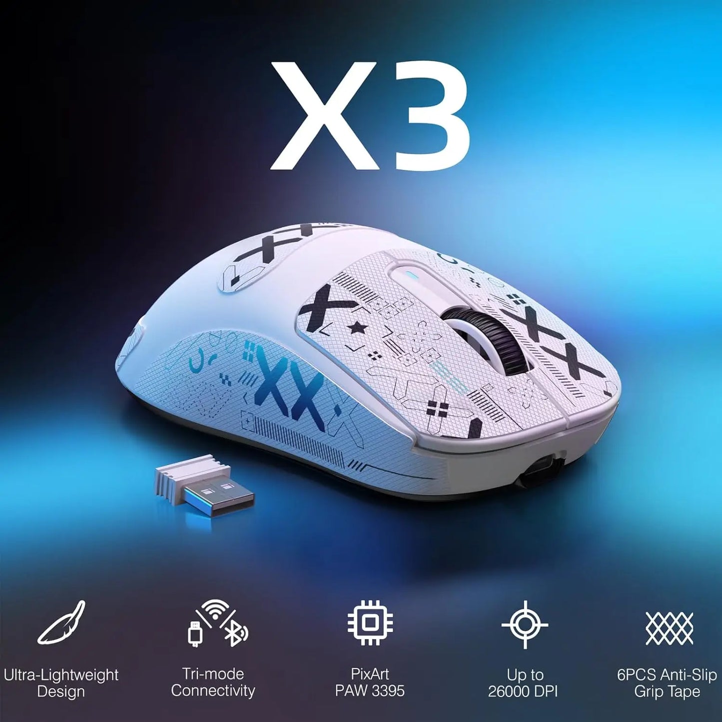 ATTACK SHARK X3 leichte kabellose Gaming-Maus, 49g Tri-Mode, PAW3395 26K DPI Sensor, 200h Akkulaufzeit, 5 programmierbare Tasten