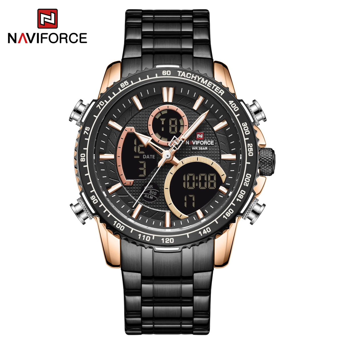 NAVIFORCE sporthorloge voor heren – Origineel luxe polshorloge van roestvrij staal, waterdicht militair model met dubbele weergave