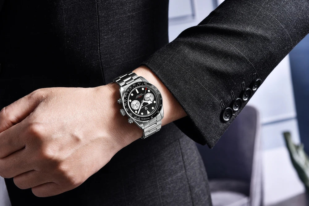Herrklocka PAGANI DESIGN ”Panda” – Lyxig kvarts-kronograf, vattentät, safirglas med antireflexbehandling, självlysande sportklocka