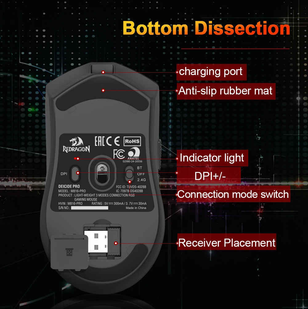 REDRAGON DEICIDE M816 PRO RGB USB gaming miš s podrškom za Bluetooth i 2.4G bežično povezivanje, 26000 DPI, 6 tipki, za gamere, žičani miš za računalo