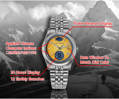 San Martin 39mm Miyota 9132 Power Reserve Display Men's Luxury Sport Watch Automatic Mechanical Waterproof Original Design SN0144