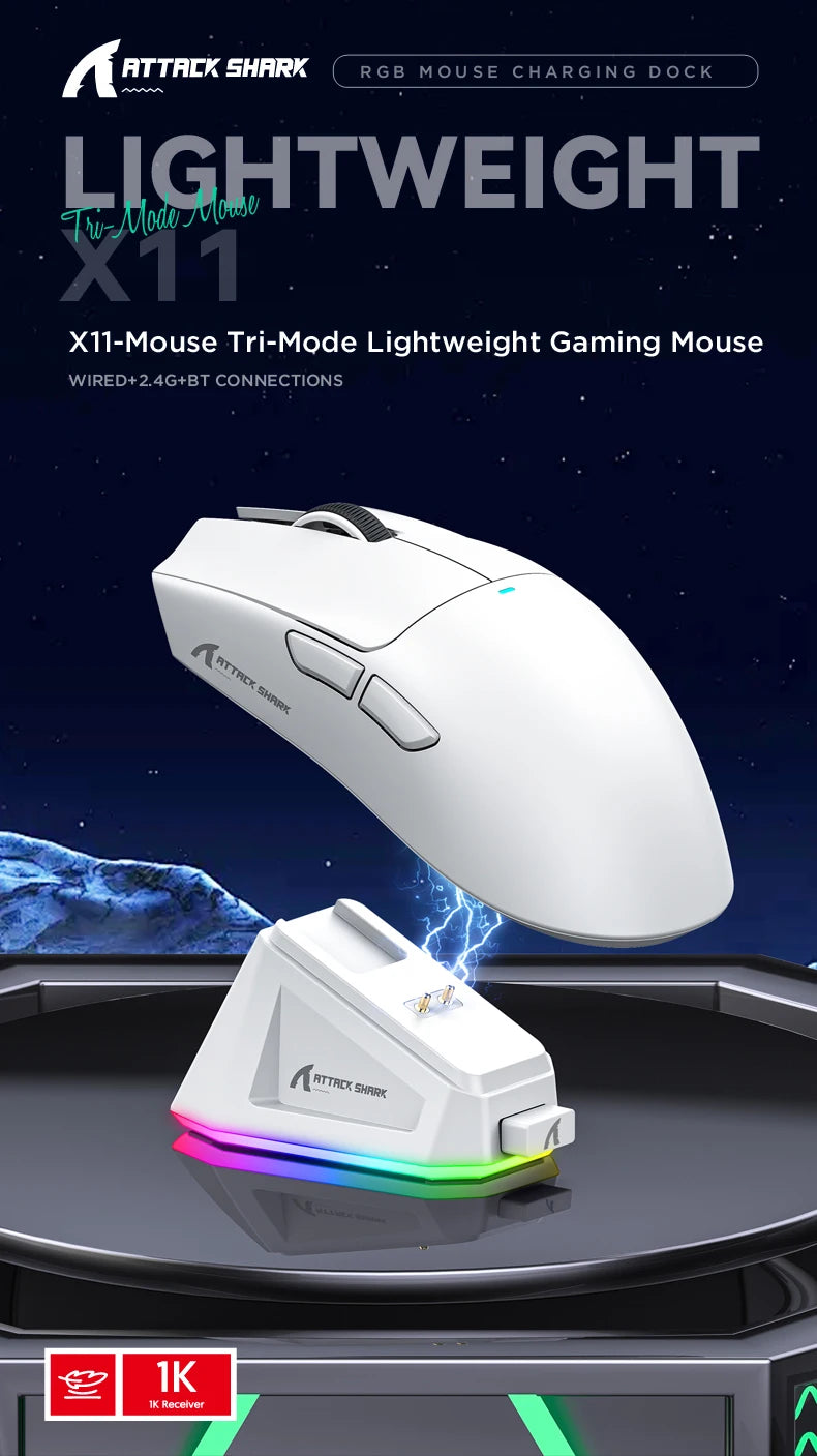 Attack Shark X11&R1 -kolmitilainen Bluetooth-langaton hiiri latausalustalla, RGB-valaistus, ergonominen ja kevyt PC-pelitarvike