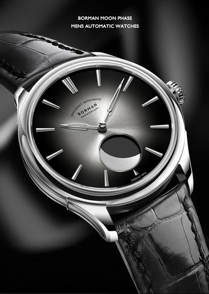 Borman Men's Automatic Watches, Luxury Moon Phase Mechanical Wristwatch, Fashionable 50M Waterproof with Sapphire Leather Strap