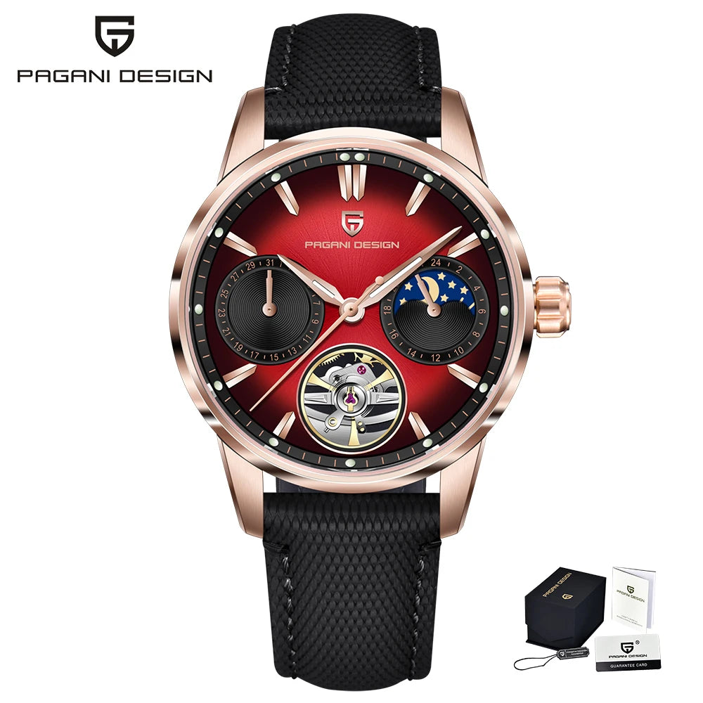 PAGANI DESIGN – Orologio meccanico di lusso da uomo, 41 mm, vetro zaffiro, cinturino in pelle, impermeabile, stile pilota, con tourbillon e fasi lunari