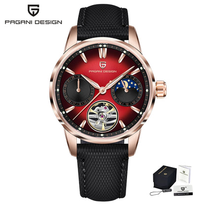 PAGANI DESIGN – Orologio meccanico di lusso da uomo, 41 mm, vetro zaffiro, cinturino in pelle, impermeabile, stile pilota, con tourbillon e fasi lunari