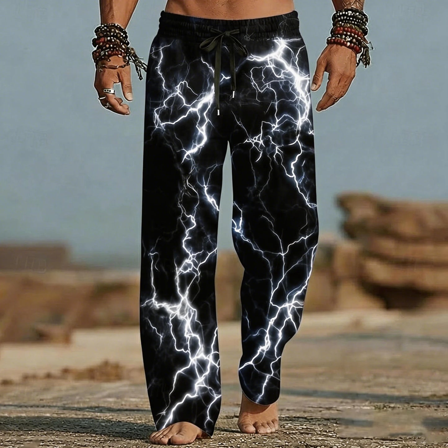 Men's Beach Pants Lightning Pattern 3D Print  Wide Leg Elastic Waist Drawstring Casual Summer Vacation Loose Breathable Trousers