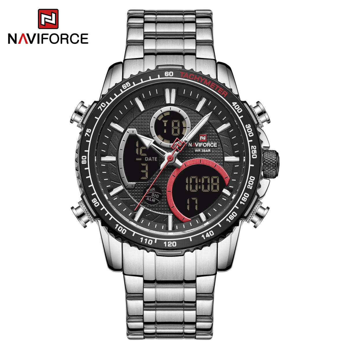 NAVIFORCE sporthorloge voor heren – Origineel luxe polshorloge van roestvrij staal, waterdicht militair model met dubbele weergave
