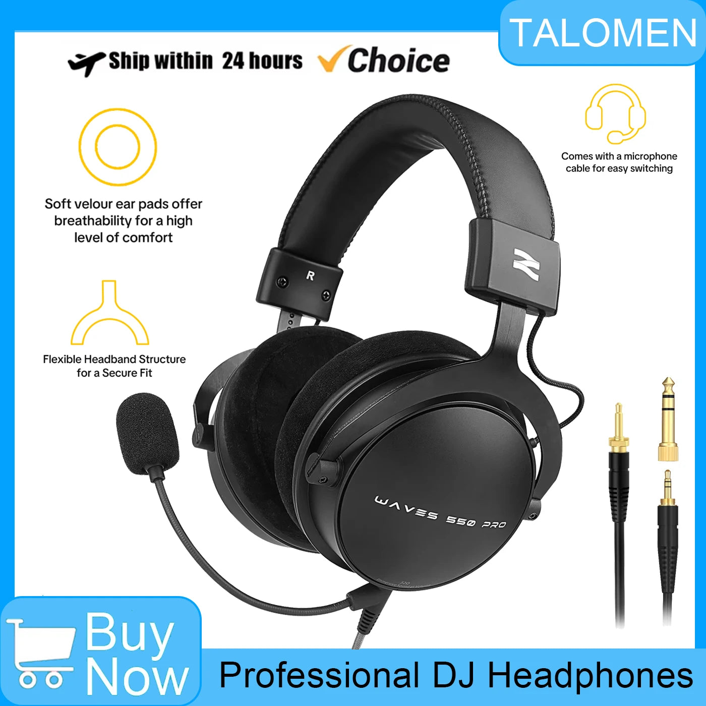 Talomen TOP W550X kabelgebundene Over-Ear-Kopfhörer mit 50mm-Treibern, tiefem Bass, abnehmbarem Kabel und integriertem Mikrofon – Gaming-, DJ-, Studio- und Büro-Headset
