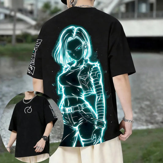 Oversized Unisex Pure Cotton T-shirt Dragon Ball Android 18 2026 Summer New Product Anime Print Casual Short Sleeved Shirt