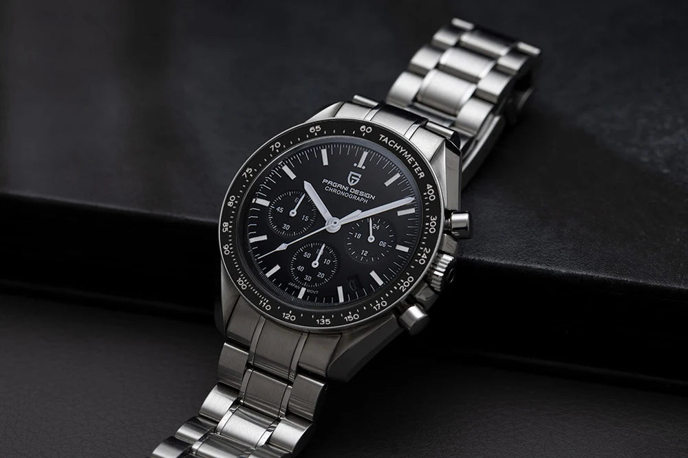 „PAGANI DESIGN Moon“ laikrodis – prabangus vyriškas kvarcinis chronografas, sportinio stiliaus, safyro stiklas su antirefleksine danga, švytintis ekranas