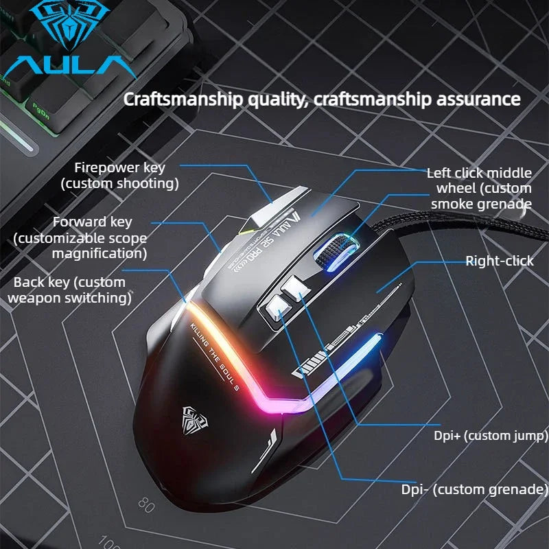 Vruća ponuda AULA S12 Pro žičani gaming miš 12800 DPI RGB pozadinsko osvjetljenje 8 programabilnih tipki ergonomski miš za igranje za PC i prijenosno računalo
