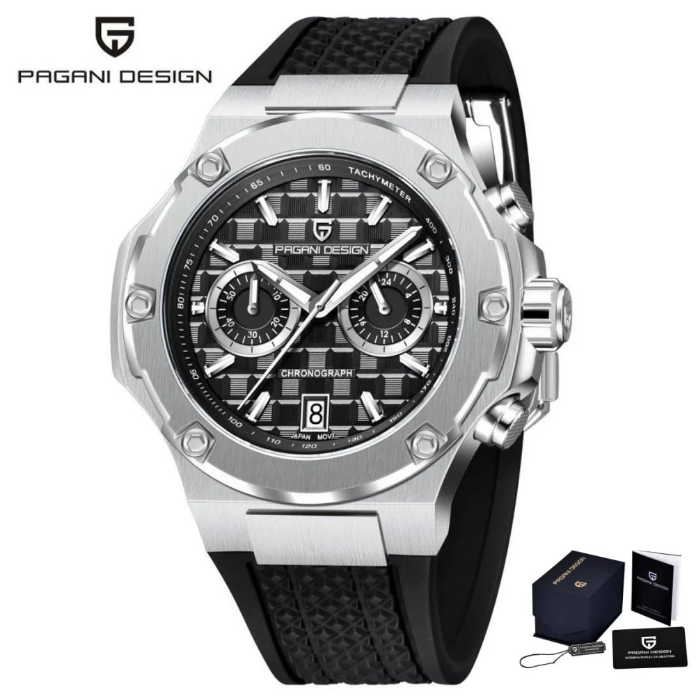 PAGANI DESIGN PD-YS032 Herren-Quarzuhr 44mm Japan VK64 Uhrwerk Edelstahlgehäuse Kautschukarmband Saphirglas 100M wasserdicht