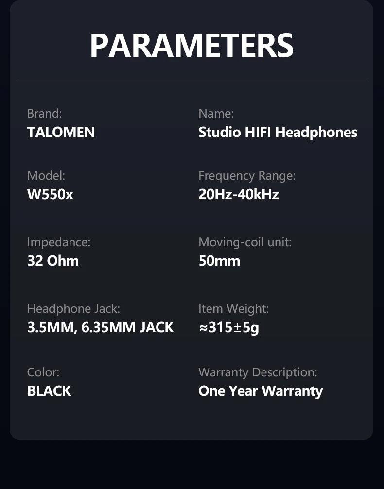 TALOMEN W550x Studio-Kopfhörer – Professionelle kabelgebundene Over-Ear-DJ-Monitor-Kopfhörer mit 50mm Treibern und abnehmbarem Kabel