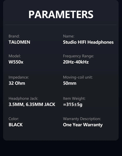 TALOMEN W550x Studio-Kopfhörer – Professionelle kabelgebundene Over-Ear-DJ-Monitor-Kopfhörer mit 50mm Treibern und abnehmbarem Kabel