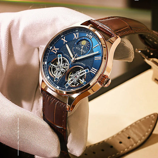 AILANG Double Tourbillon Design Business Men Mechanical Watch Fashion Leather Moon Phase Automatic Watches for Men Reloj Hombre
