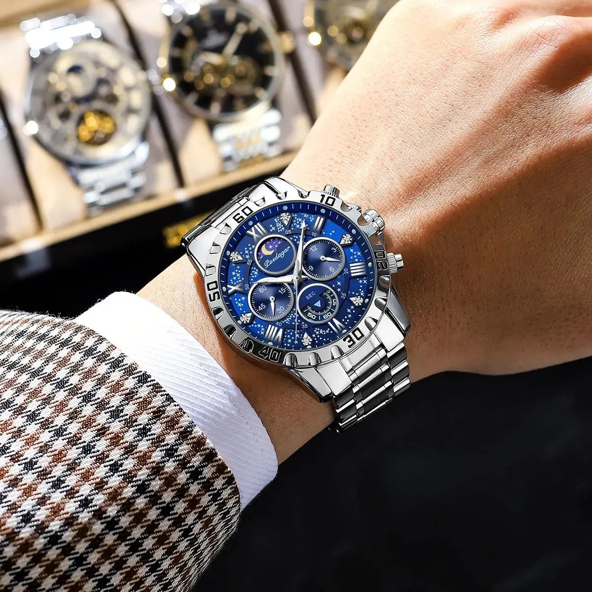 Pánske hodinky POEDAGAR – luxusný chronograf, vodotesné a luminiscenčné, z nehrdzavejúcej ocele, v športovom a vojenskom štýle, s quartzovým strojčekom