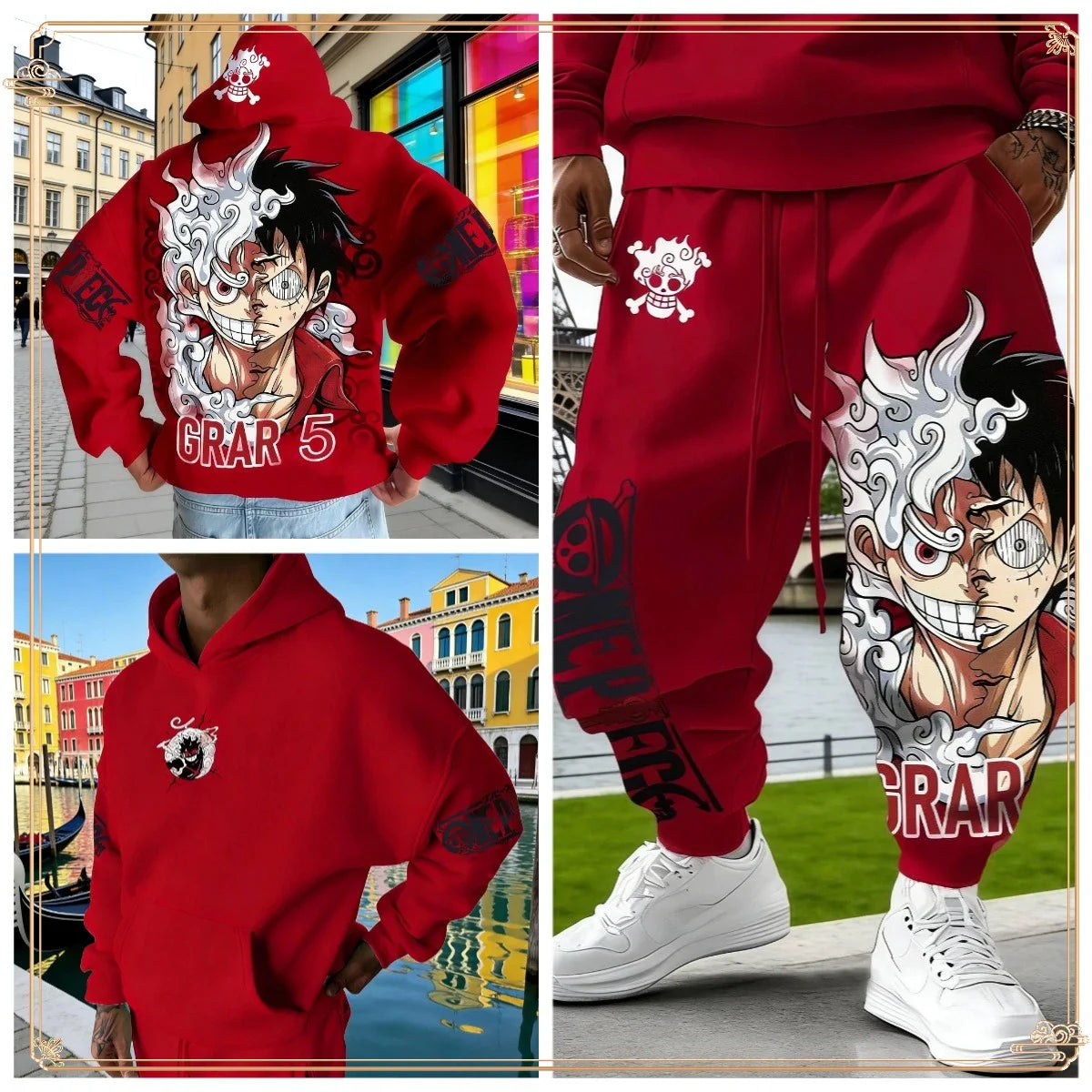 One Piece Luffy Gear 5 Hoodie Pants Set Red Cotton Tracksuit with Character Print on Hoodie Front Pant Side Loose Fit Two Piece