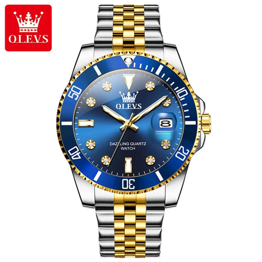 Relógio de homem OLEVS – Relógio de luxo, estilo profissional, à prova de água, com indicador de data, ponteiros luminescentes, caixa em aço inoxidável e mostrador azul – Relógio de quartzo