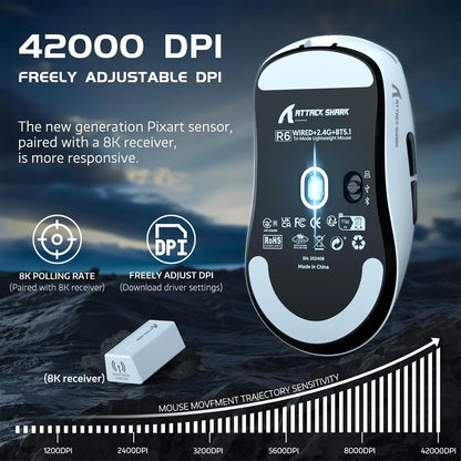 Attack Shark R6 leichte kabellose Gaming-Maus, Computermaus mit PAW 3950Max-Sensor, Nordic 52480 und 8KHz Polling