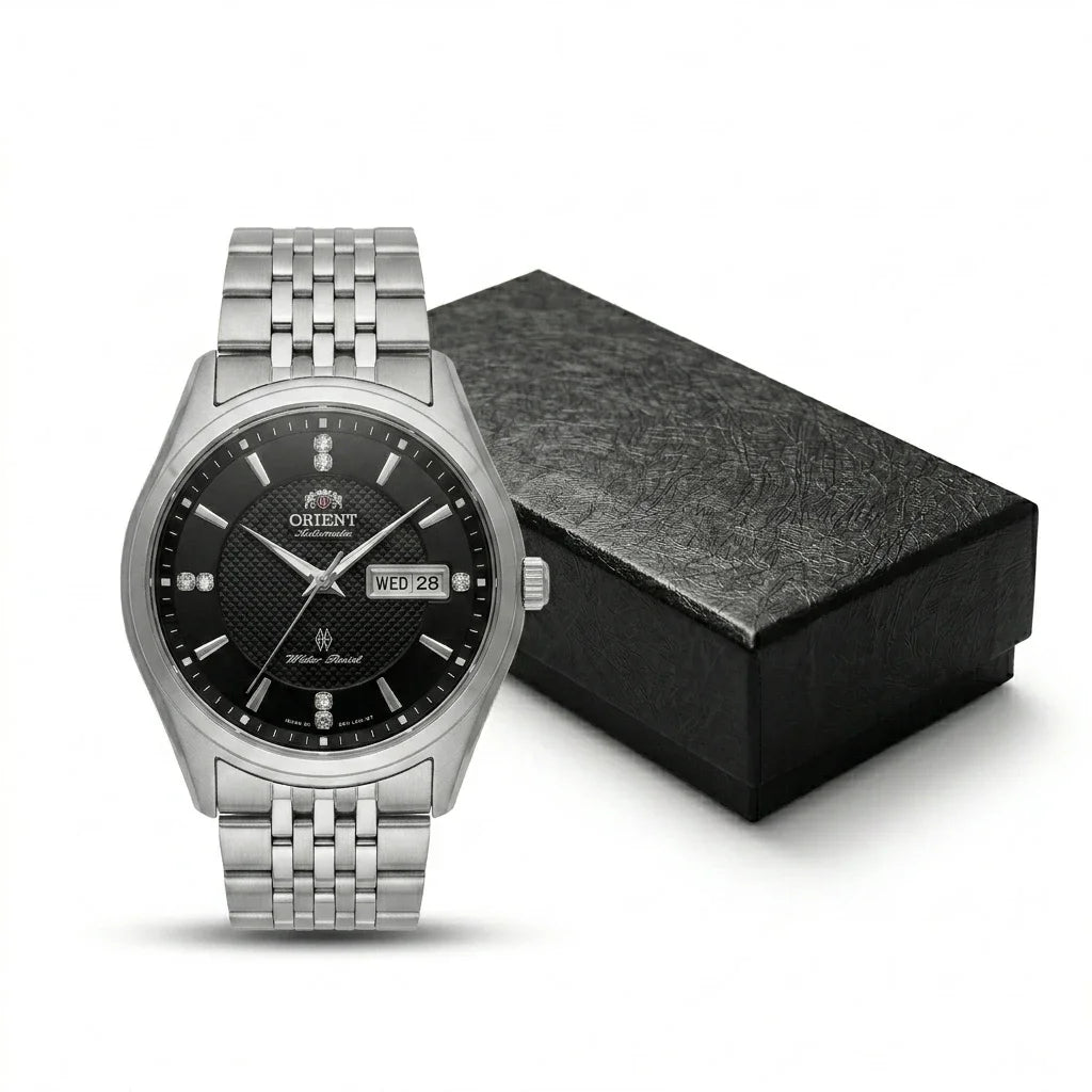 Mekanisk automatisk herrklocka från Orient, med dubbel kalender (datum och veckodag), kristallindex och armband i rostfritt stål – Armbandsur i affärsstil