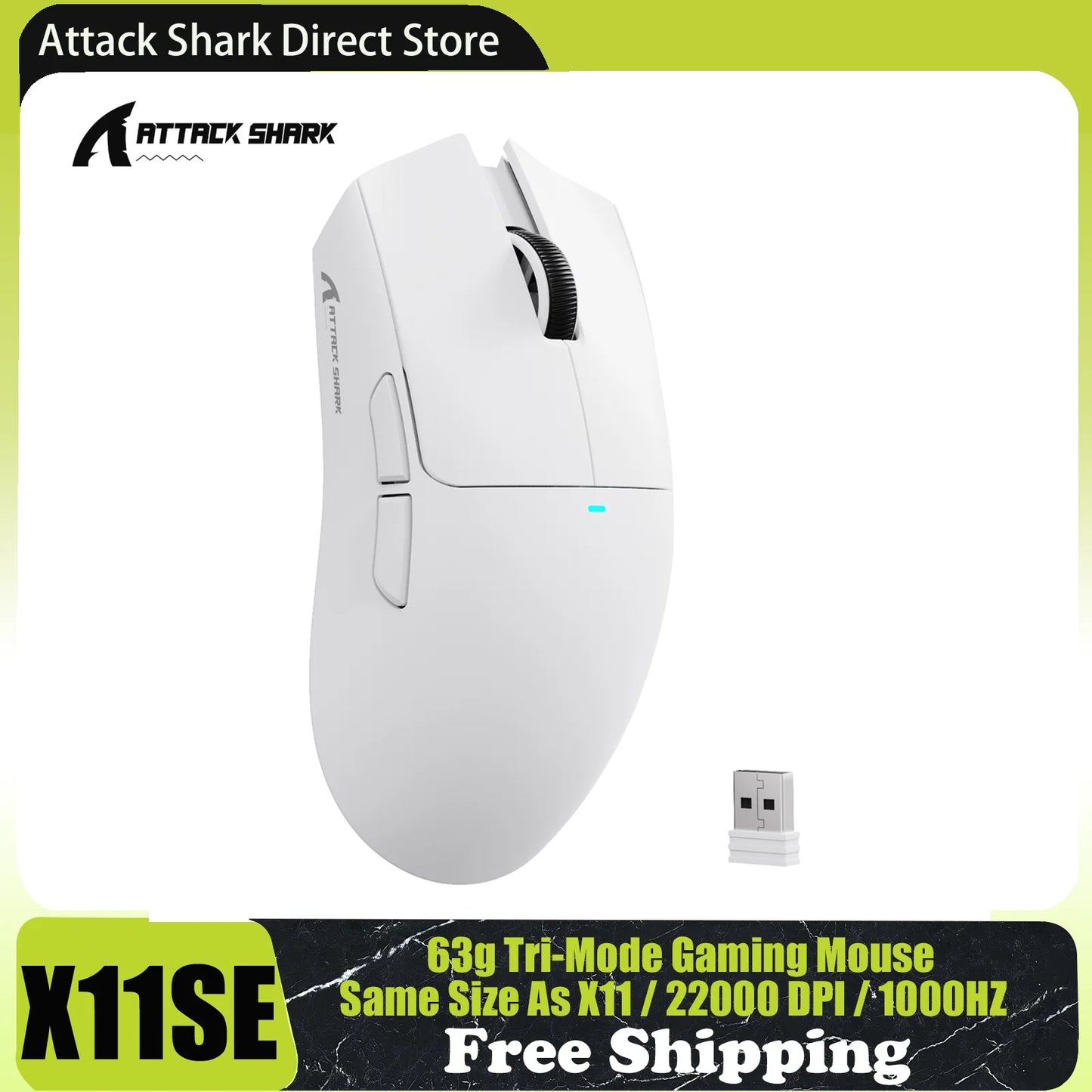 Mouse gaming wireless ATTACK SHARK X11SE, tri-mode, superleggero 63g con sensore PAW3311, 22000 DPI, batteria 300mAh, doppio driver