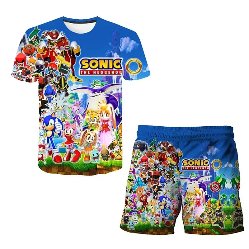 Sonic The Hedgehog Top Fashion 3D Anime Children's T-shirt Set Short Sleeve + Shorts Two-piece Set Girls Boys Cosplay Costume